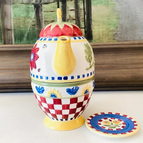 Vintage Hand Painted Tea-For-One 4 Ps Tea Pot Set County Cottage Floral Colorful